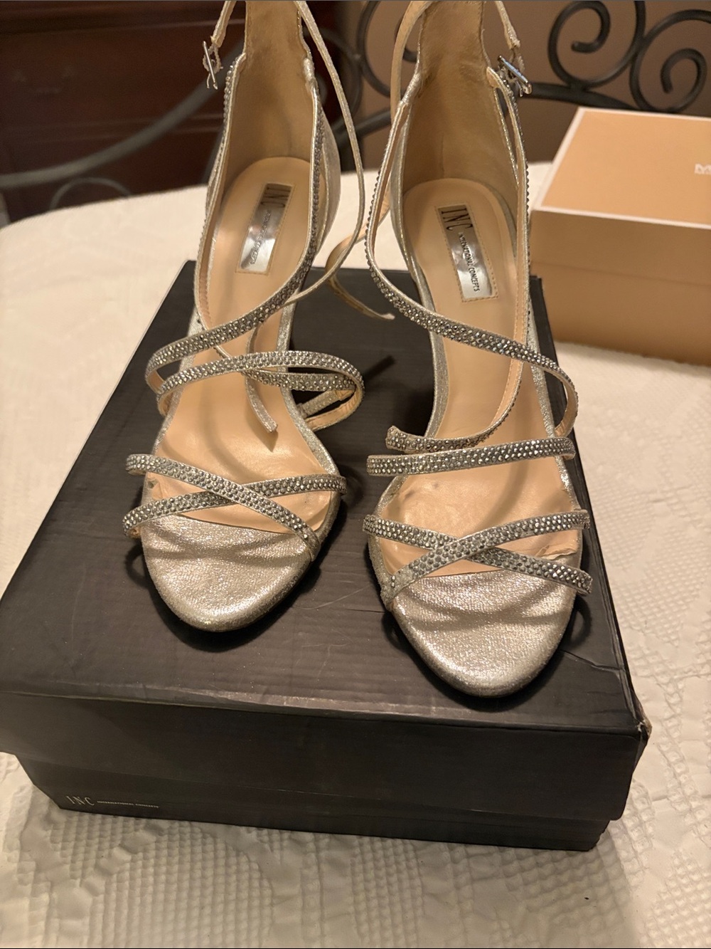 INC International Concepts Silver Rhinestone Strappy Heels